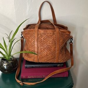 Basket Weave Woven Boho Genuine Leather Crossbody Shoulder Brown Bag Purse